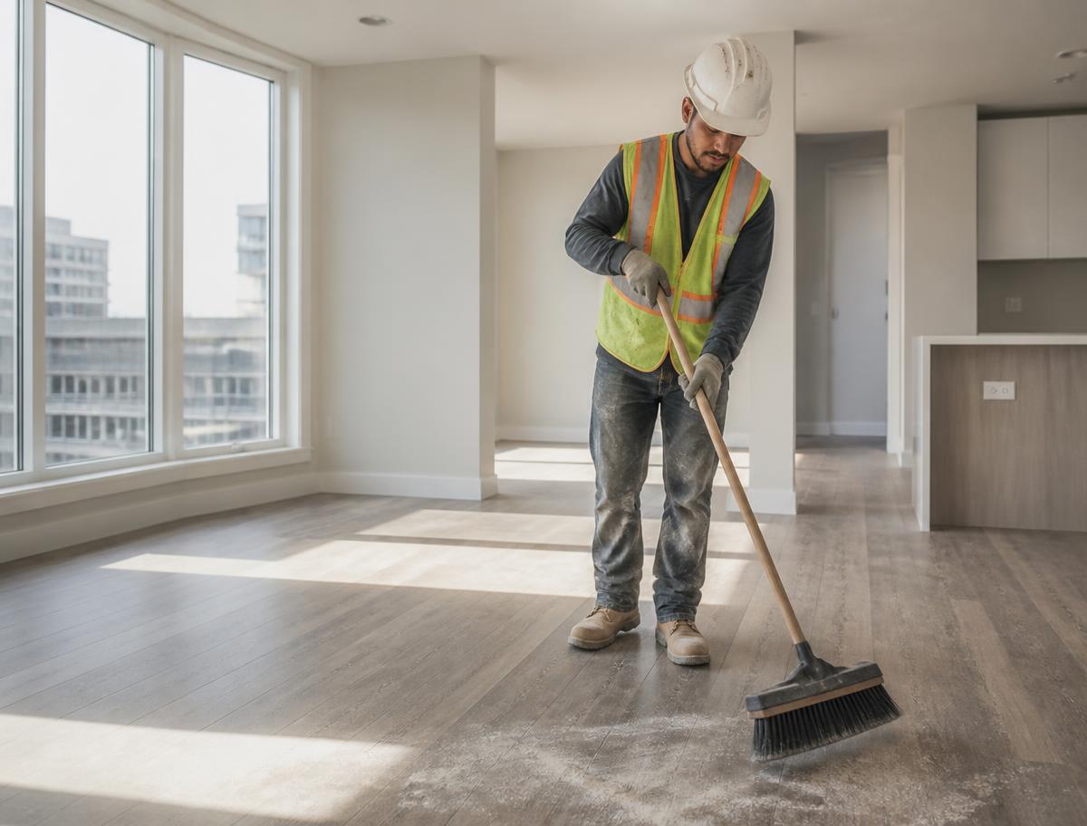 Cleaner in a safety vest sweeping construction dust in a newly finished unit